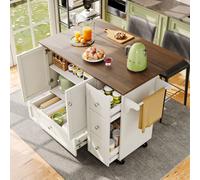 Flieks Chariot de cuisine avec porte-serviettes, Chariot de service avec plan de travail rabattable Bois veiné, Ilot de cuisine Armoire de cuisine avec étagère à épices, Blanc