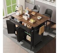 Flieks Chariot de cuisine îlot avec plan de travail extensible, Chariot de service Armoire de cuisine avec 2 portes & 2 tiroirs, Chariot de cuisine Armoire de cuisine