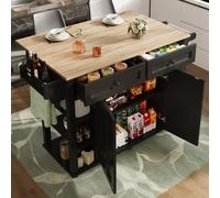 Flieks Chariot de service avec 2 tiroirs, chariot de repas avec plan de travail rabattable, chariot de cuisine avec veines de bois, table à manger flexible, noir