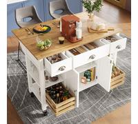 Flieks Chariot de service Chariot de cuisine avec plan de travail extensible, chariot de cuisine avec espace de rangement et paniers extensibles, blanc