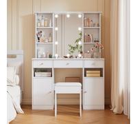 Flieks Coiffeuse avec miroir, tabouret et étagère, coiffeuse avec armoire, miroir de maquillage avec ampoules, coiffeuse Coiffeuse blanche