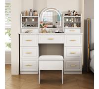 Flieks Coiffeuse Coiffeuse avec tabouret, miroir de maquillage avec LED, coiffeuse avec 9 tiroirs et étagères, coiffeuse blanche