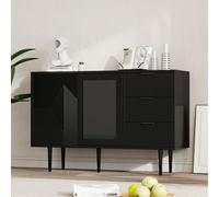 Flieks Commode avec 3 tiroirs et 2 portes, Armoire de salon Sideboard avec porte vitrée, Buffet Commode à tiroirs avec pied métallique, 120x38x79.5cm, Noir