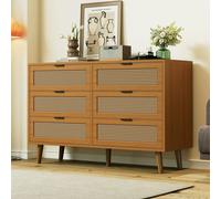 Flieks Commode en rotin avec 6 tiroirs, Sideboard Commode à tiroirs avec pieds en bois massif, armoire de salon buffet, 120x40x76.5cm, Walnut