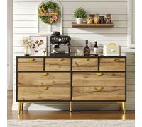 Flieks Commode moderne, Buffet 8 tiroirs spacieux, Armoire de salle à manger Design minimaliste, Black+Natural