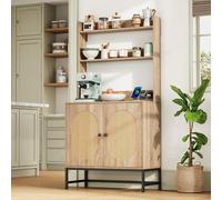 Flieks Cuisine Armoire haute avec portes en rotin, armoire de cuisine avec fonction de chargement, commode Armoire colonne avec compartiments de rangement ouverts et étagères réglables