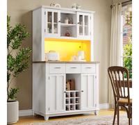 Flieks Cuisine Armoire haute Buffet de cuisine avec LED, Armoire de cuisine Buffet avec plan de travail et casier à vin, Highboard avec tiroirs, blanc