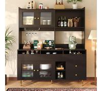 Flieks Cuisine Armoires hautes Buffet de cuisine avec porte vitrée, Armoires de cuisine Buffet avec casier à vin, Armoire buffet Highboard avec compartiments de rangement ouverts, Noir