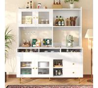 Flieks Cuisine Armoires hautes Buffet de cuisine avec porte vitrée, Armoires de cuisine Buffet avec casier à vin, Armoire buffet Highboard avec compartiments de rangement ouverts, blanc