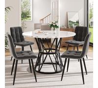 Flieks Ensemble de salle à manger 5 pièces, table de salle à manger avec 4 chaises, table ronde avec plateau de table en marbre MDF, 100x100x76 cm, chaises de salle à manger en velours, noir + gris