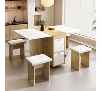 Flieks Ensemble de salle à manger 5 pièces, Table de salle à manger extensible avec 4 tabourets, Set de table de cuisine pliable, Groupe de salon 4 personnes, Table de salle à manger avec espace de ra