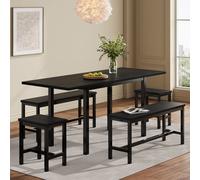 Flieks Ensemble de salle à manger 5 pièces, Table de salle à manger extensible avec 4 tabourets, Set de salon de jardin pour 4-6 personnes, Table de cuisine avec banc, Noir