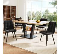 Flieks Ensemble de salle à manger 5 pièces, table de salle à manger extensible avec espace de rangement, 118-157x70x75 cm, chaises de salle à manger en velours, 4 chaises rembourrées, couleur bois + n