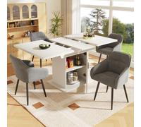 Flieks Ensemble de salle à manger 5 pièces, table de salle à manger extensible avec espace de rangement, table de cuisine rectangulaire, chaises rembourrées en velours, table de salle à manger blanche