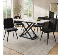 Flieks Ensemble de salle à manger 5 pièces, table de salle à manger extensible pour 4 personnes, 120-160x80x76cm, table de salle à manger avec motif en marbre blanc, chaises rembourrées en velours, bl