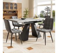 Flieks Ensemble de salle à manger 5 pièces, Table rectangulaire à rallonges en marbre, Table de salle à manger avec 4 chaises, Chaises rembourrées avec revêtement en velours, Table grise, Chaise grise