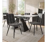 Flieks Ensemble de salle à manger 5 pièces, Table rectangulaire à rallonges en marbre, Table de salle à manger avec 4 chaises, Chaises rembourrées avec revêtement en velours, Table blanche, Chaise gri