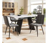 Flieks Ensemble de salle à manger 5 pièces, Table rectangulaire à rallonges en marbre, Table de salle à manger avec 4 chaises, Chaises rembourrées avec revêtement en velours, Table blanche, Chaise gri