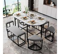 Flieks Ensemble de salle à manger 7 pièces, Table de salle à manger avec 2 bancs et 4 tabourets, Ensemble de table de cuisine Salle à manger avec pieds noirs, Ensemble de table de salle à manger ovale