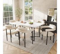 Flieks Ensemble de salle à manger 7 pièces, Table de salle à manger avec 6 chaises, Table de salle à manger rectangulaire en aspect marbre, Chaises rembourrées Beige
