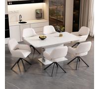 Flieks Ensemble de salle à manger 7 pièces, table de salle à manger extensible avec espace de rangement, 110-130x70x75 cm, chaise pivotante à 360°, 6 chaises rembourrées avec revêtement sherpa, blanc