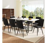 Flieks Ensemble de salle à manger 9 pièces, Table de salle à manger extensible, 140/180x80 cm, Table de cuisine rectangulaire, Chaises rembourrées en velours noir, Noir+Blanc