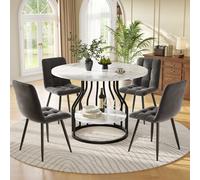 Flieks Ensemble de salle à manger avec 4 chaises, table ronde 80x80x76 cm, table de salle à manger avec espace de rangement, chaises de salle à manger en velours, noir + gris