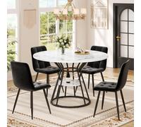 Flieks Ensemble de salle à manger Ensemble de 5 pièces, Table avec 4 chaises, Table de salle à manger ronde avec étagère et aspect marbre, Chaise de salle à manger avec revêtement en velours, Noir