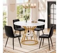 Flieks Ensemble de salle à manger Ensemble de 5 pièces, table avec 4 chaises, Table de salle à manger ronde avec étagère et aspect marbre, Chaise de salle à manger recouverte de velours, Or