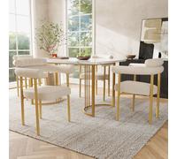 Flieks Ensemble de salle à manger moderne, élégant et confortable, table de salle à manger avec 4 chaises, fauteuils en daim crème, Beige + Golden