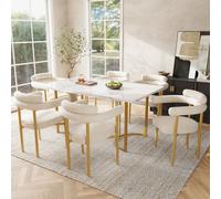 Flieks Ensemble de salle à manger moderne, élégant et confortable, table de salle à manger avec 6 chaises, fauteuils en daim crème, Beige + Golden