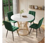 Flieks Ensemble de salle à manger, table avec 4 chaises, table ronde 100x75 cm, table pour salle à manger salon, chaises rembourrées avec assise en velours, vert