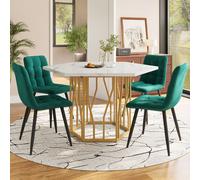 Flieks Ensemble de salle à manger, table de salle à manger hexagonale avec 4 chaises, table de cuisine avec pieds dorés, table de salle à manger pour le salon, blanc + vert