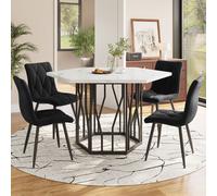 Flieks Ensemble de salle à manger, table de salle à manger hexagonale avec 4 chaises, table de cuisine avec des pieds noirs, table de salle à manger pour le salon, blanc + noir