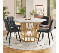 Flieks Ensemble de salle à manger, table de salle à manger hexagonale avec 4 chaises, table de cuisine avec pieds dorés, table de salle à manger pour le salon, blanc + gris