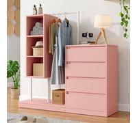 Flieks Ensemble garde-robe avec armoire à tiroirs et compartiments de rangement ouverts, ensemble penderie avec tringle, buffet commode 140x40x135cm, rose