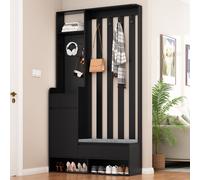 Flieks Ensemble vestiaire, vestiaire d'entrée avec banc et coussin, vestiaire avec 4 crochets, armoire à chaussures pour entrée, noir