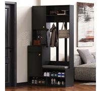 Flieks Ensembles vestiaires Armoire d'angle avec banc et étagère à chaussures, 100x35x180 cm, armoire multifonctionnelle avec 4 crochets, noir