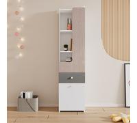Flieks Étagère sur pied Bibliothèque avec tiroir & 2 portes, armoire de rangement Étagère pour salon, bureau, étagère de bureau 45x40x184cm, Blanc Gris