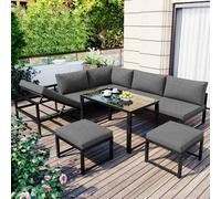 Flieks Garden Furniture Set 5-pièces, Balcon Meuble Set pour 6-7 personnes, Garden Lounge Set Lounge Garden Furniture Terassenmöbel mit Tisch, Hocker und Kissen, Aluminium Sitzgruppe