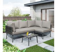 Flieks Gartenlounge Set pour 4 personnes, Set de meubles de jardin avec design de corde, Set de meubles de terrasse avec cadre en fer, Set de meubles de balcon en forme de L avec coussins, Gris