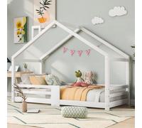 Flieks House Bed Cot 90*200cm, lit en pin avec protection contre les chutes et cheminée, lit de sol simple avec sommier à lattes, blanc
