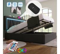 Flieks Lit Boxspring 160x200cm avec USB, Lit rembourré avec sommier à lattes, Lit double avec LED, Lit de rangement Lit jeune, Lin, Gris