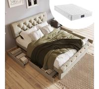 Flieks Lit capitonné 140x200 cm avec matelas, lit de rangement Lit double avec 4 tiroirs et cadre de lit, tête de lit réglable, lit pour jeunes Lit de chambre classique