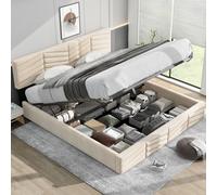 Flieks Lit capitonné 180x200 cm Sommier tapissier avec rangement, lit double avec sommier à lattes, lit de rangement Lit fonctionnel en velours avec tête de lit réglable, beige