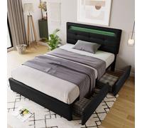 Flieks Lit capitonné avec éclairage LED et tête de lit réglable en hauteur Lit simple avec sommier à lattes et 2 tiroirs Literie 90x200cm