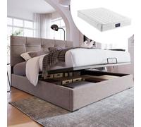 Flieks Lit capitonné avec matelas et sommier à lattes Lit double hydraulique 140x200 cm Lit en bois massif avec tête de lit réglable en hauteur Lit de rangement en velours, gris clair