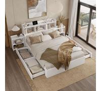 Flieks Lit de jeune 140x200cm avec fonction de chargement, lit double en bois avec tables de nuit à rallonges et tiroirs, lit classique blanc