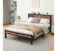 Flieks Lit de jeune 140x200cm avec sommier à lattes, Lit classique en métal avec tablette, Lit d'enfant double avec cadre de lit à plateforme en métal, Noir