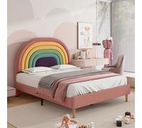 Flieks Lit de jeune 140x200cm Lit rembourré avec sommier à lattes, Lit double en bois massif avec tête de lit en forme d'arc-en-ciel, Lit d'enfant velours, Rose
